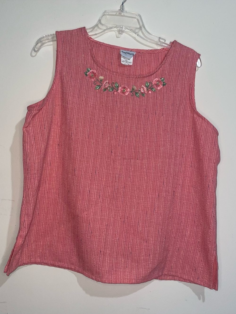 VTG Bon Worth Pink Textured Stripe M Petite Embroidered Floral Neckline Top
